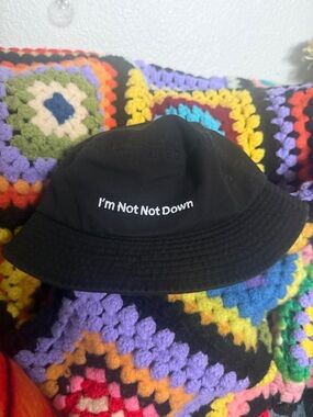 Black Bucket Hat with White "I'm Not Not Down" Embroidery